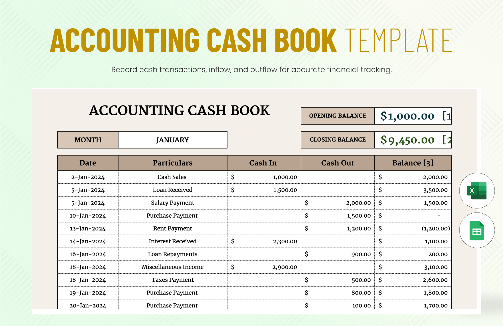 Accounting Cash Book Template in Excel, Google Sheets