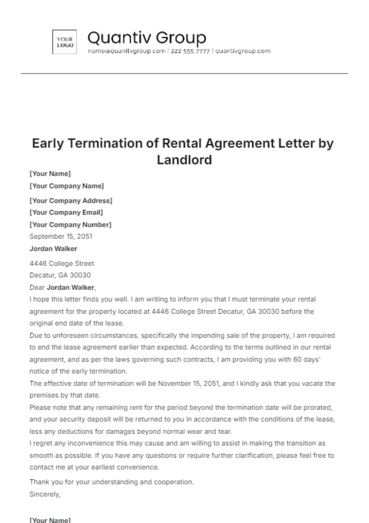 Early Termination of Rental Agreement Letter by Landlord Template