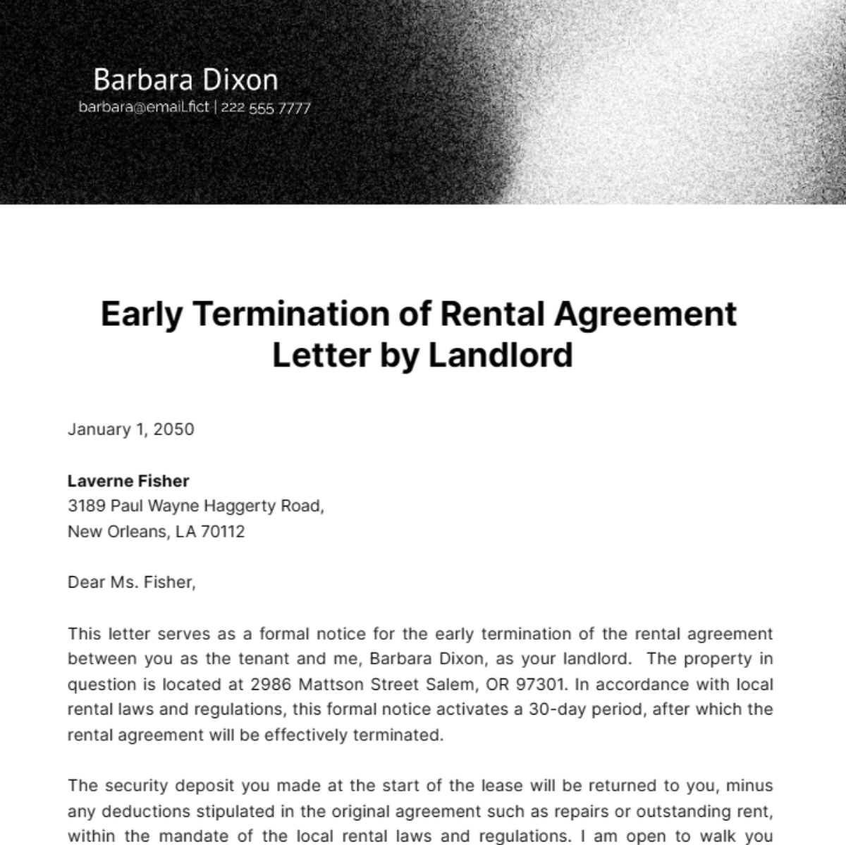 Free Early Termination of Rental Agreement Letter by Landlord Template