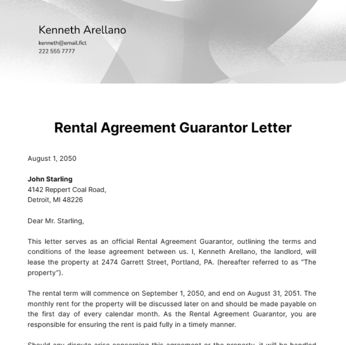 Rental Agreement Guarantor Letter Template