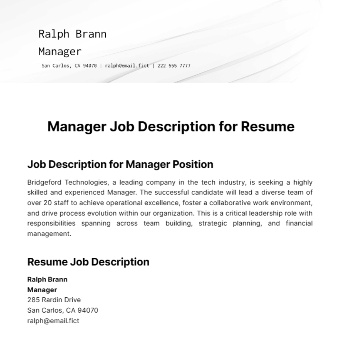 Manager Job Description for Resume Template