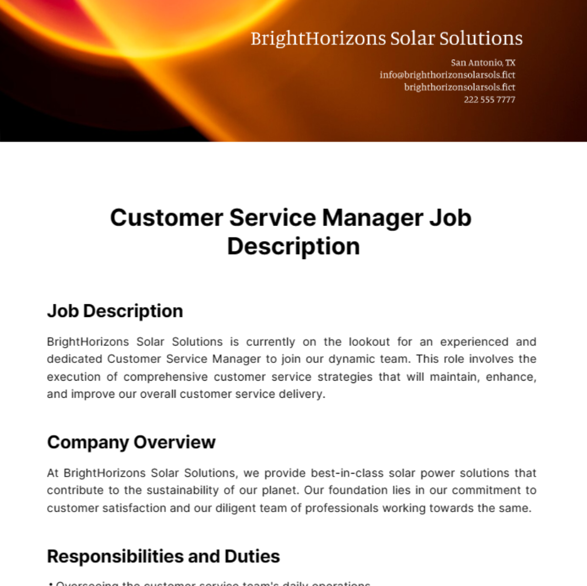 Customer Service Manager Job Description Template