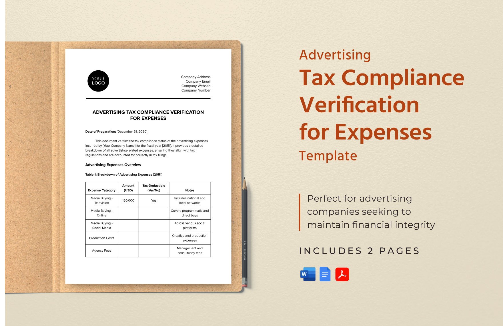 Advertising Tax Compliance Verification for Expenses Template in Word, Google Docs, PDF