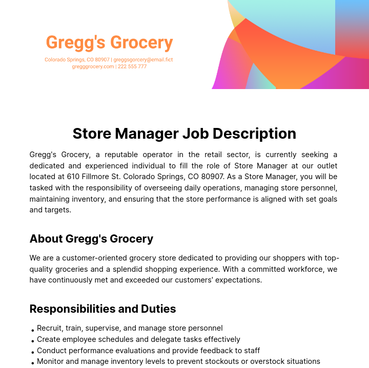 Store Manager Job Description Template