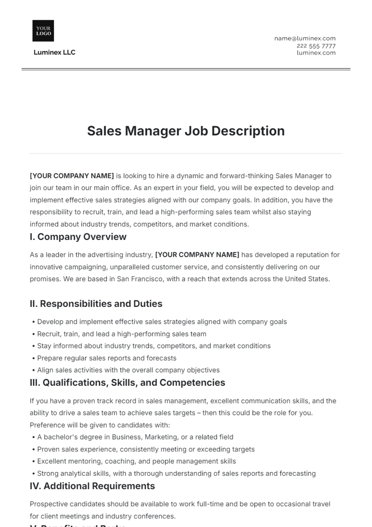 Sales Manager Job Description Template - Edit Online & Download