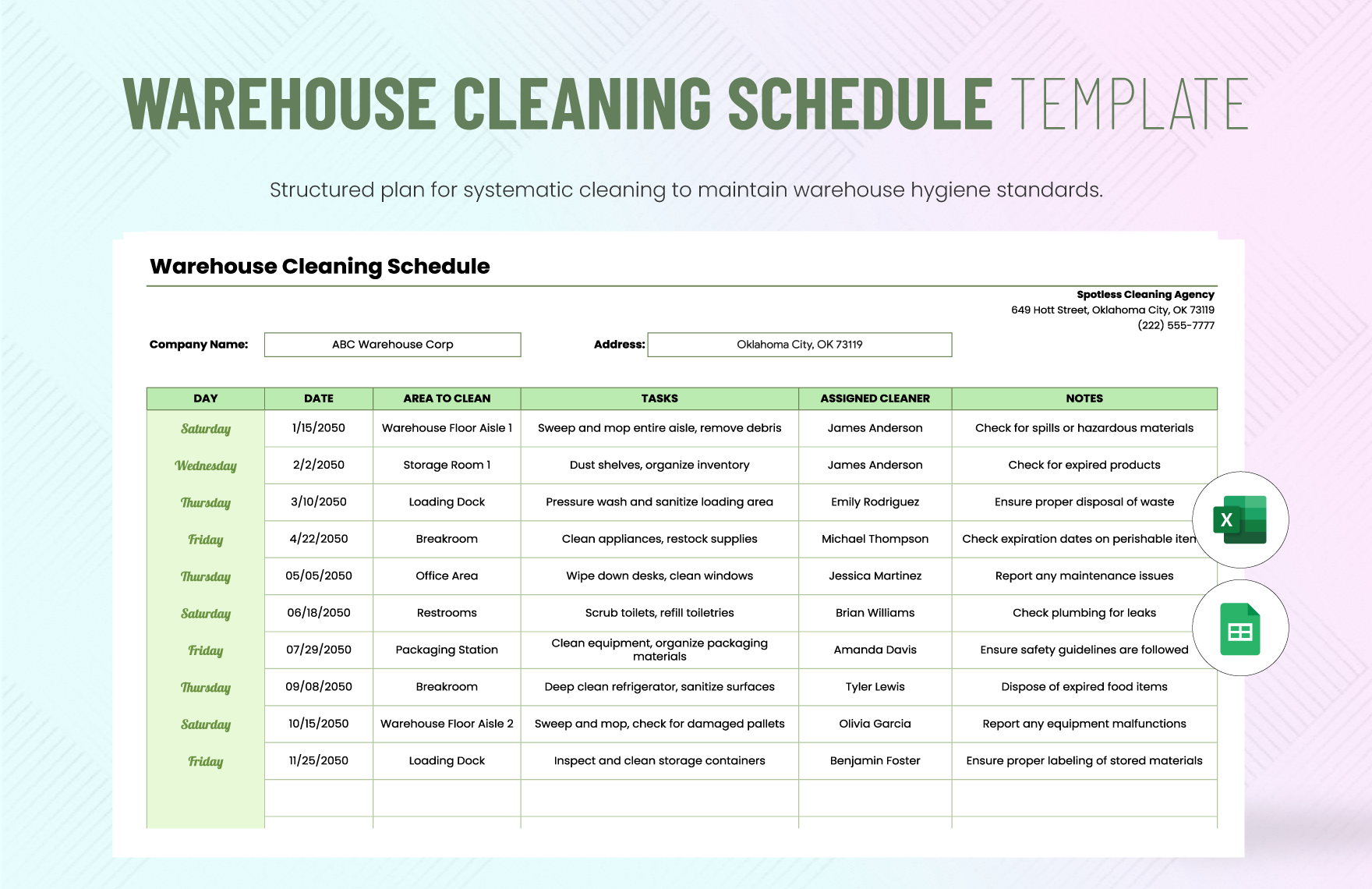 Warehouse Cleaning Schedule Template