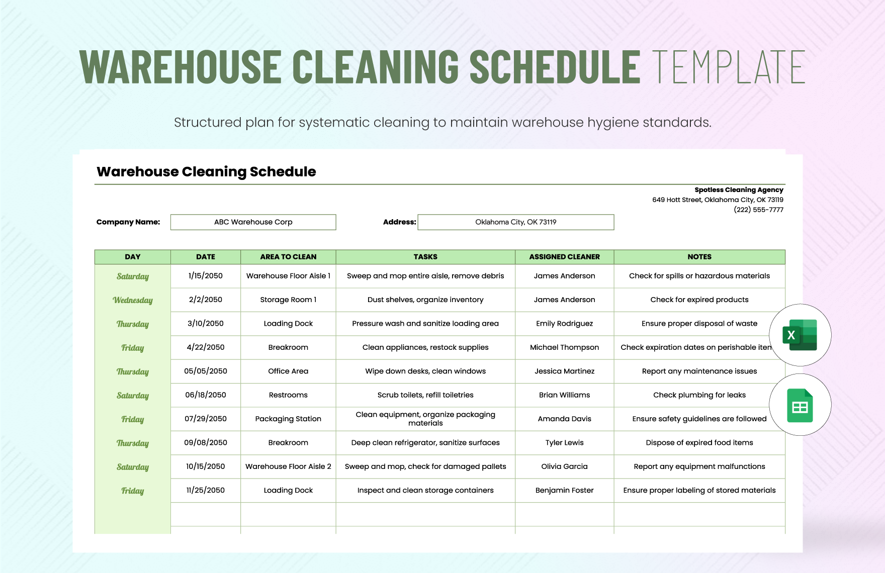 Warehouse Cleaning Schedule Template in Excel, Google Sheets