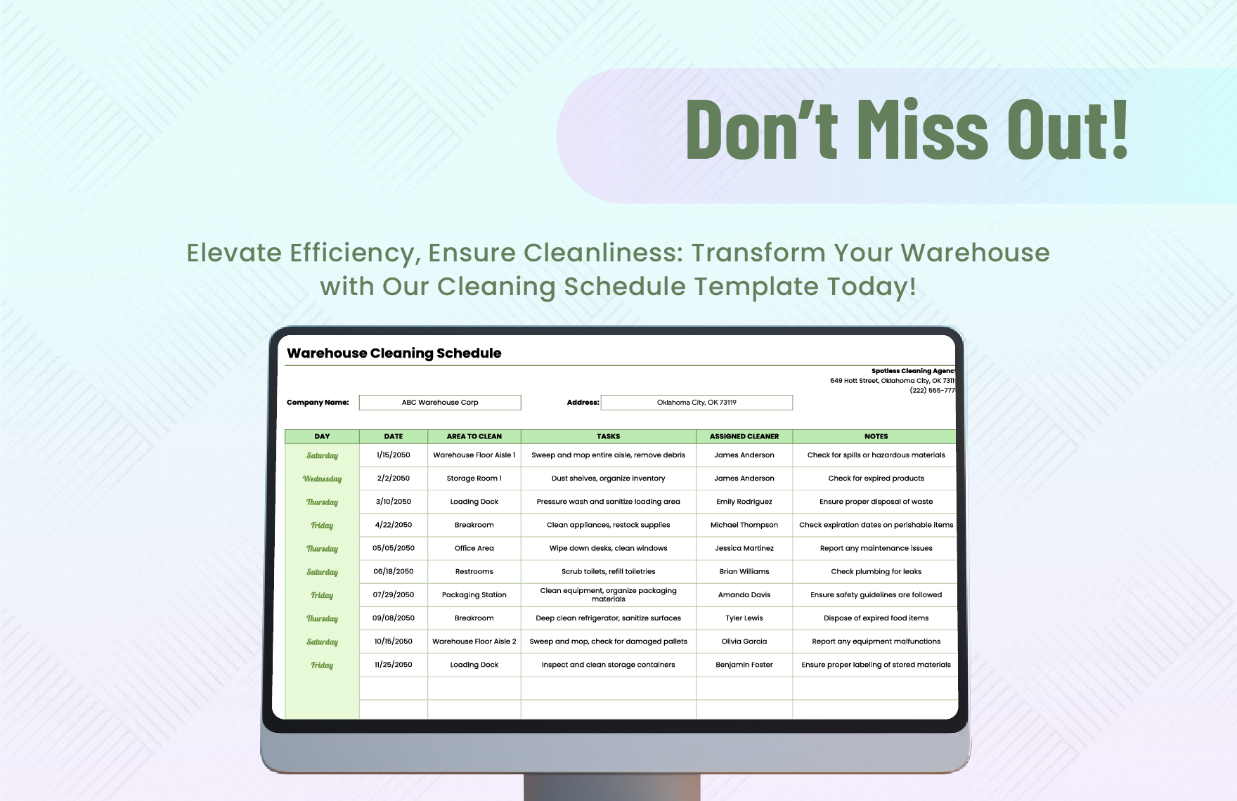 Warehouse Cleaning Schedule Template