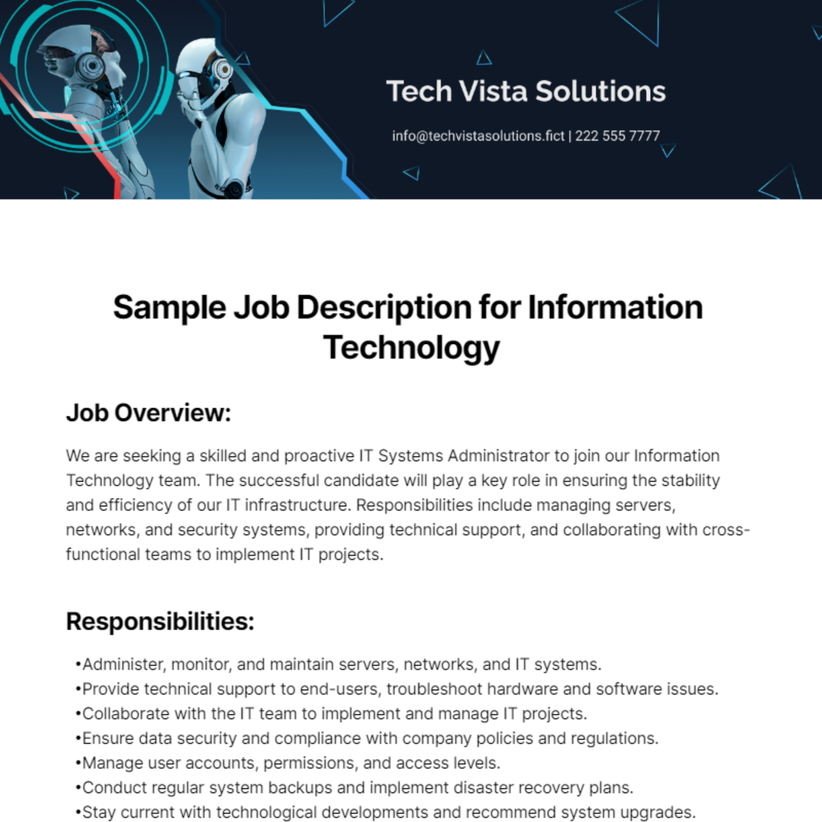 Sample Job Description for Information Technology Template