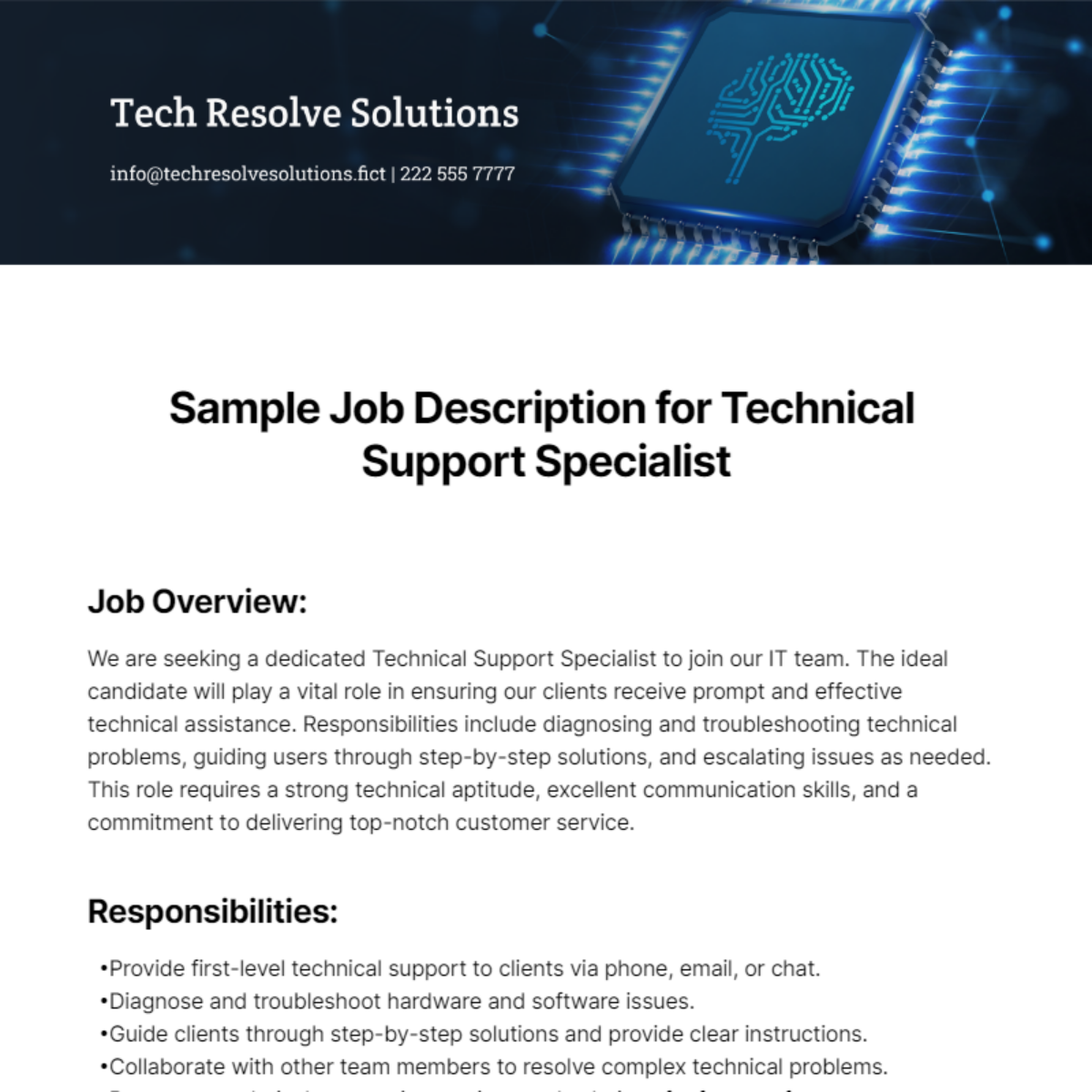 Sample Job Description for Technical Support Specialist Template