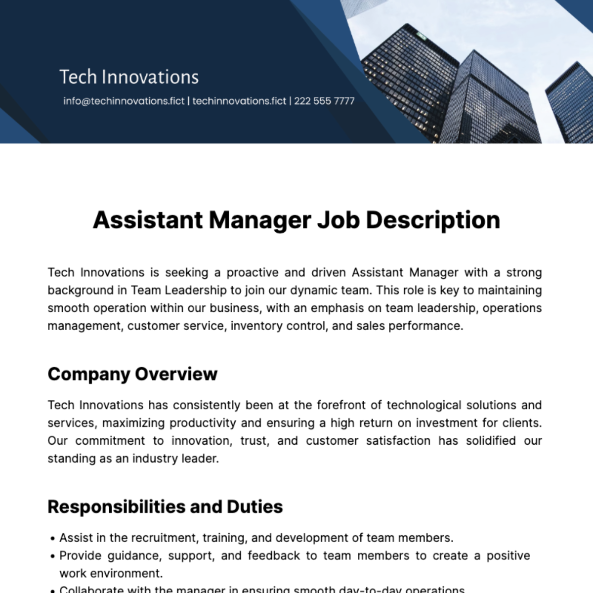 Assistant Manager Job Description Template