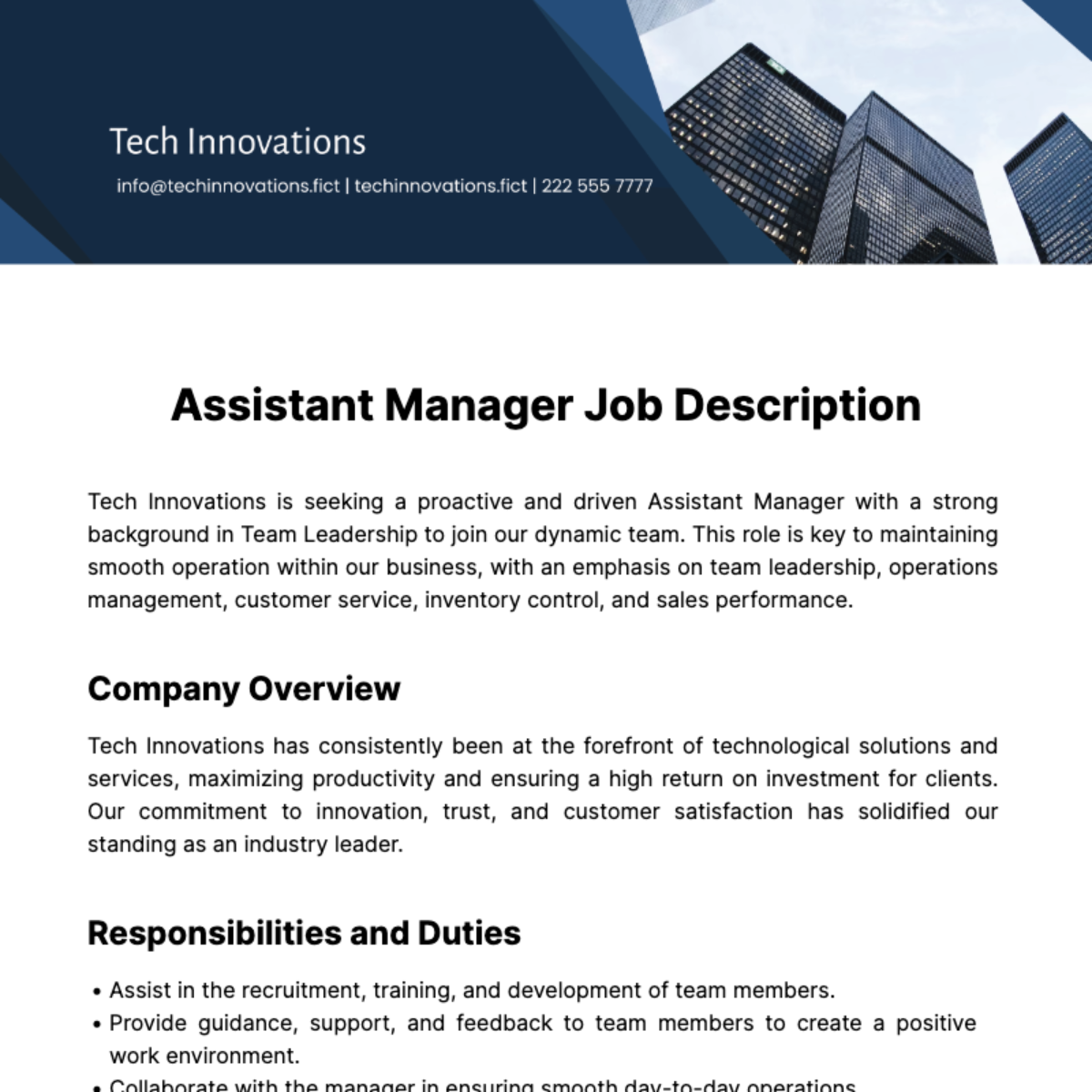 Assistant Manager Job Description Template Edit Online Download 