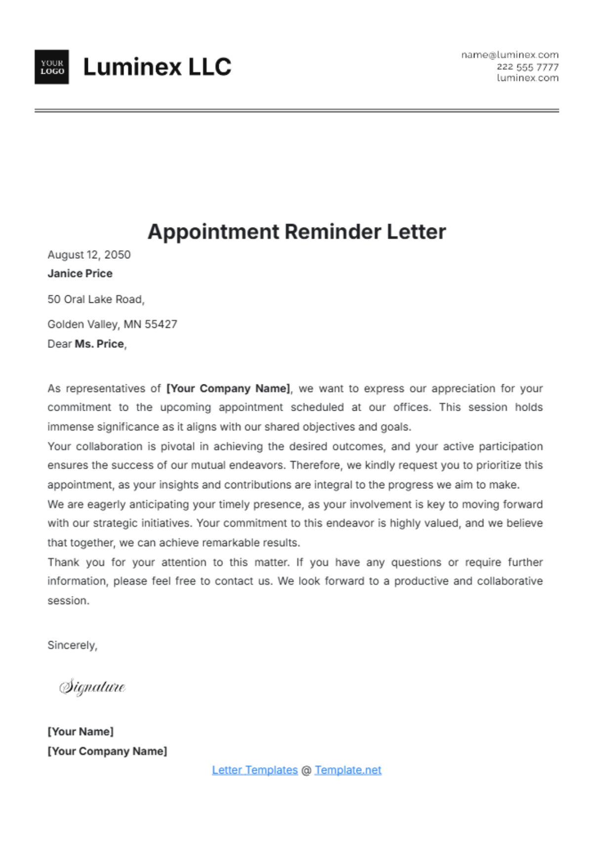 Appointment Reminder Letter Template - Edit Online & Download Example ...