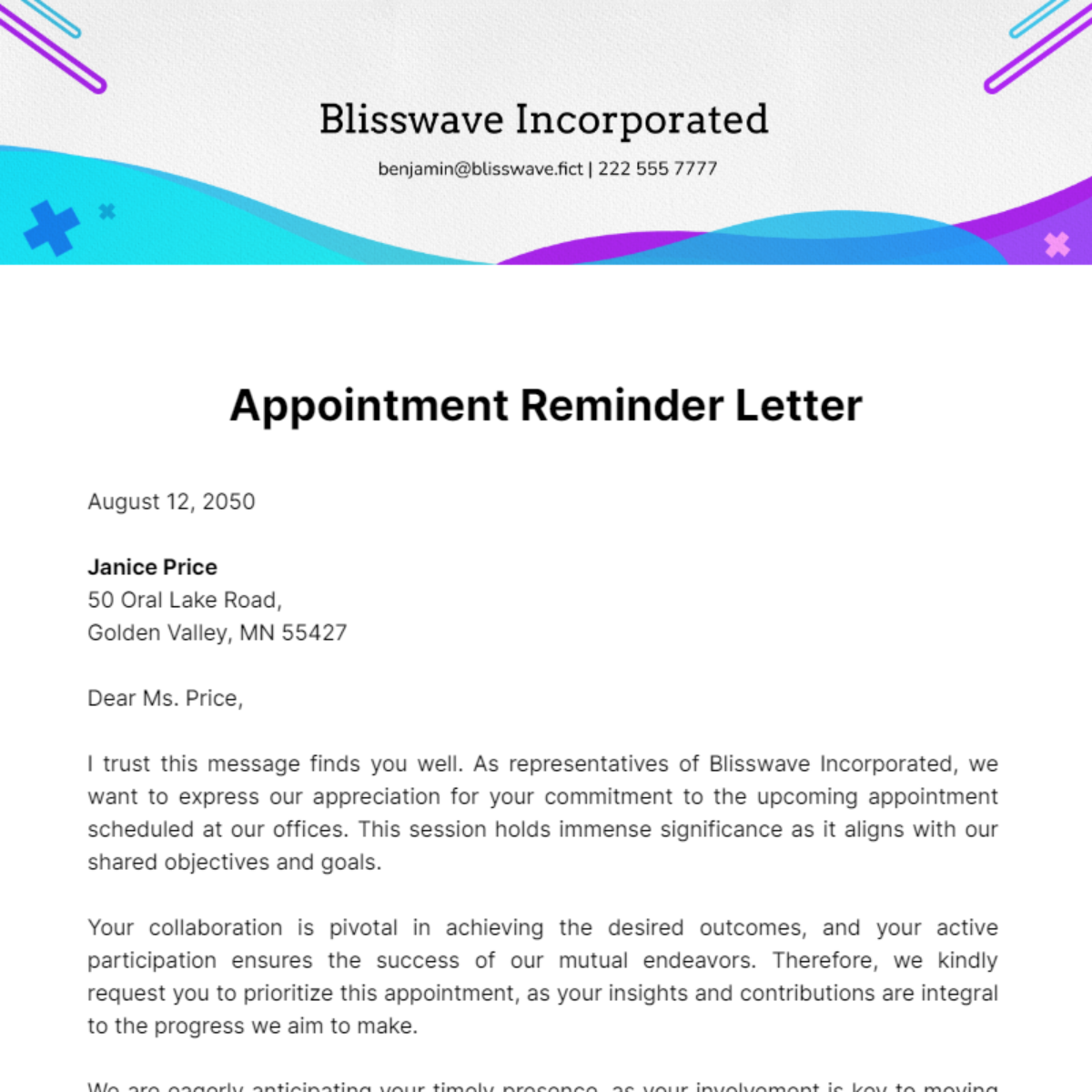 Free Appointment Reminder Letter Template