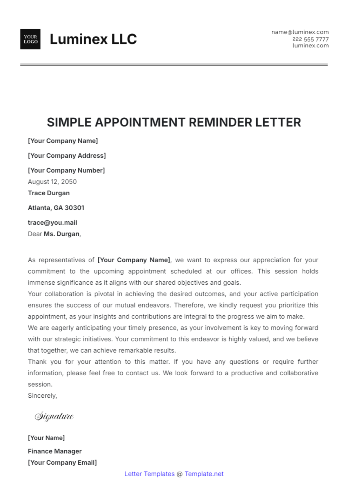 Simple Appointment Reminder Letter Template