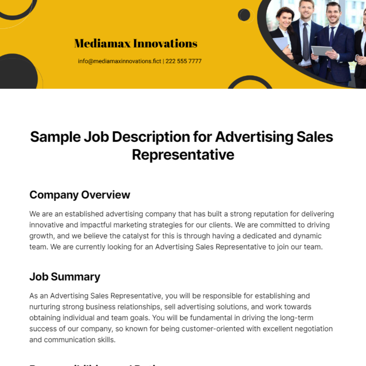 Sample Job Description for Advertising Sales Representative Template