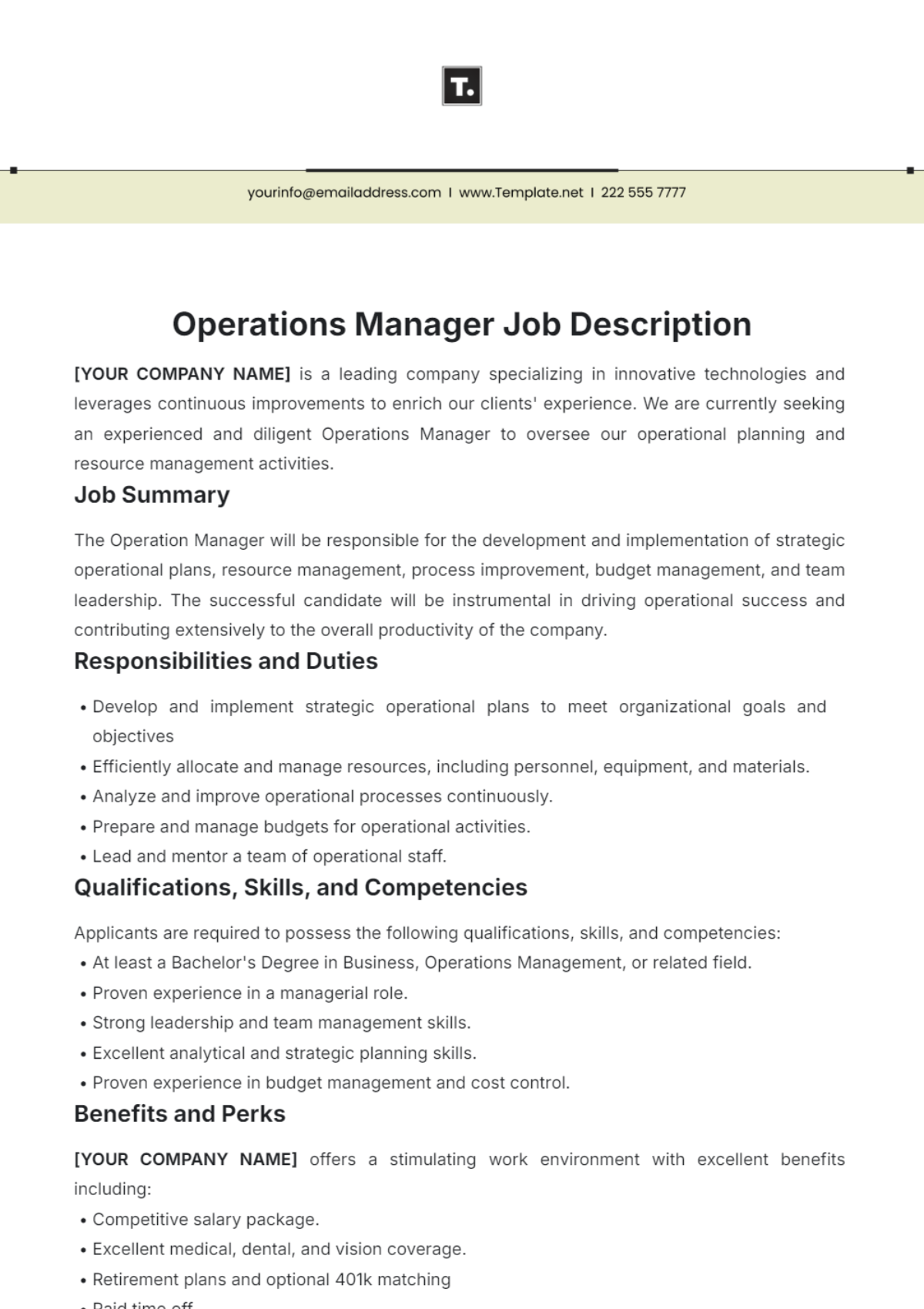 Free Operations Manager Job Description Template