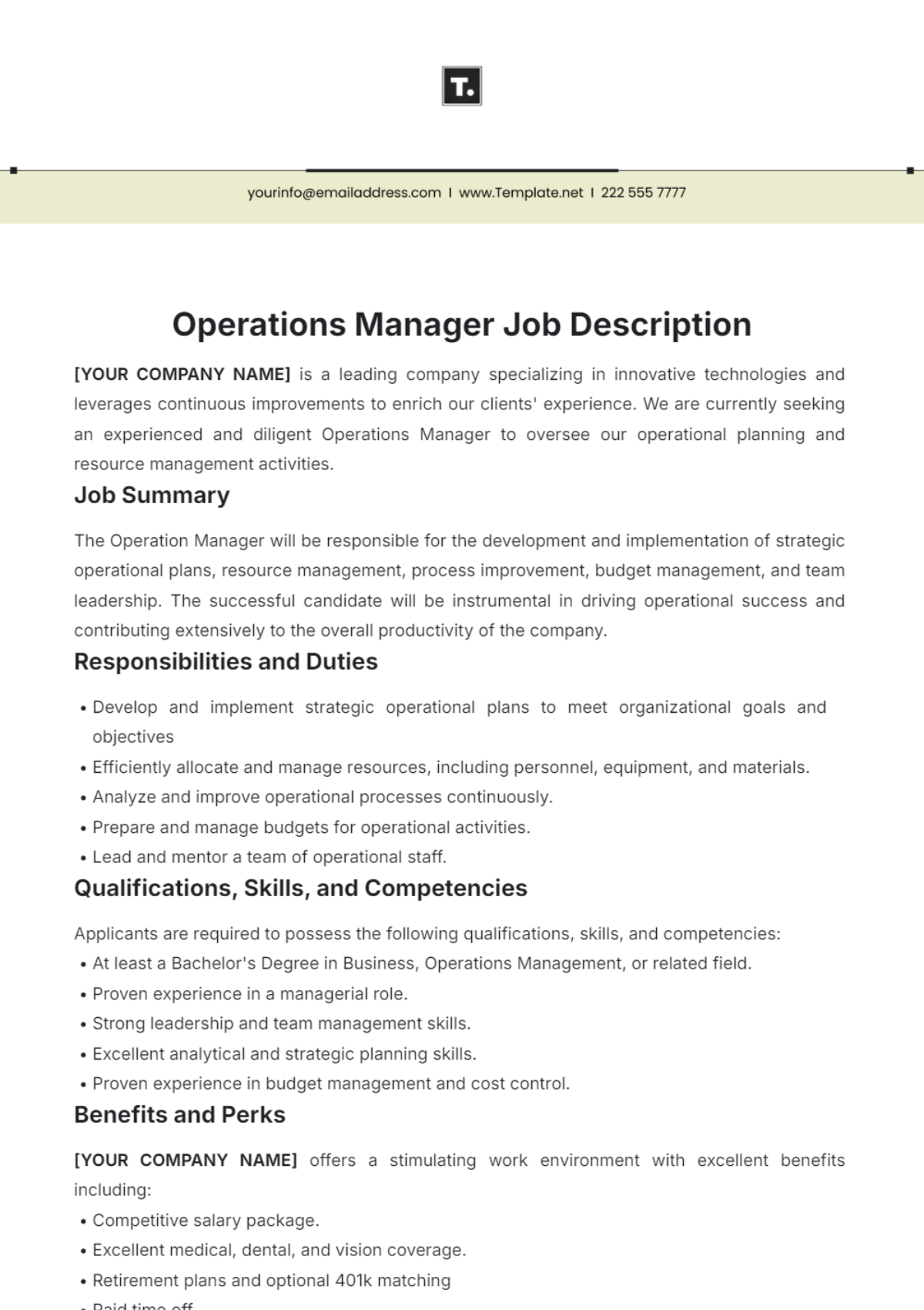 Free Operations Manager Job Description Template To Edit Online