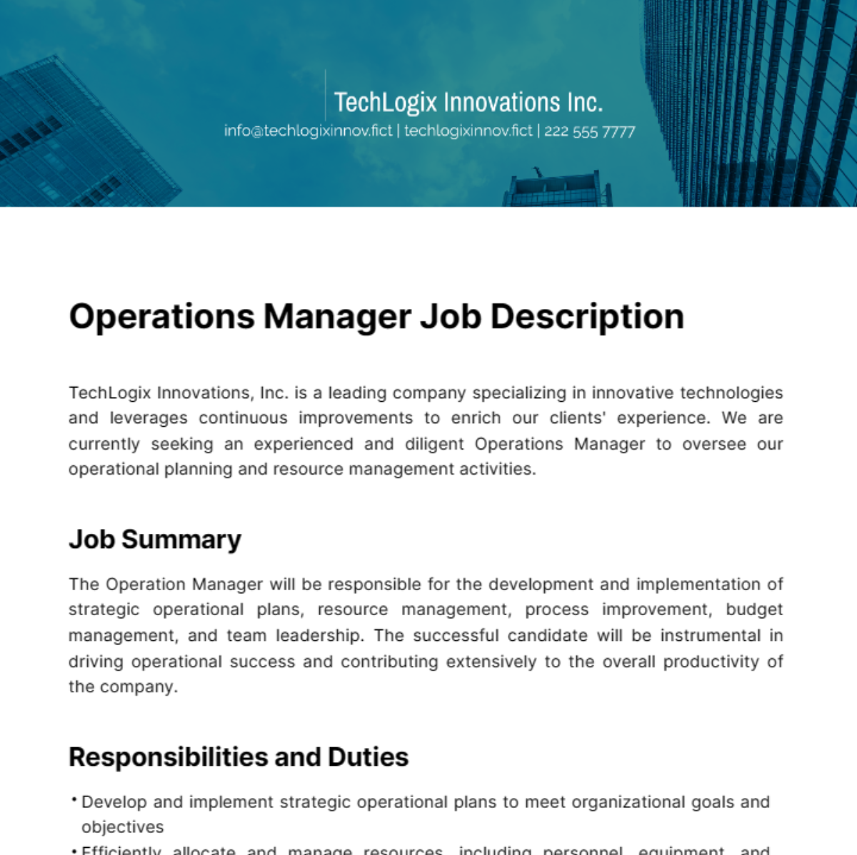 Operations Manager Job Description Template