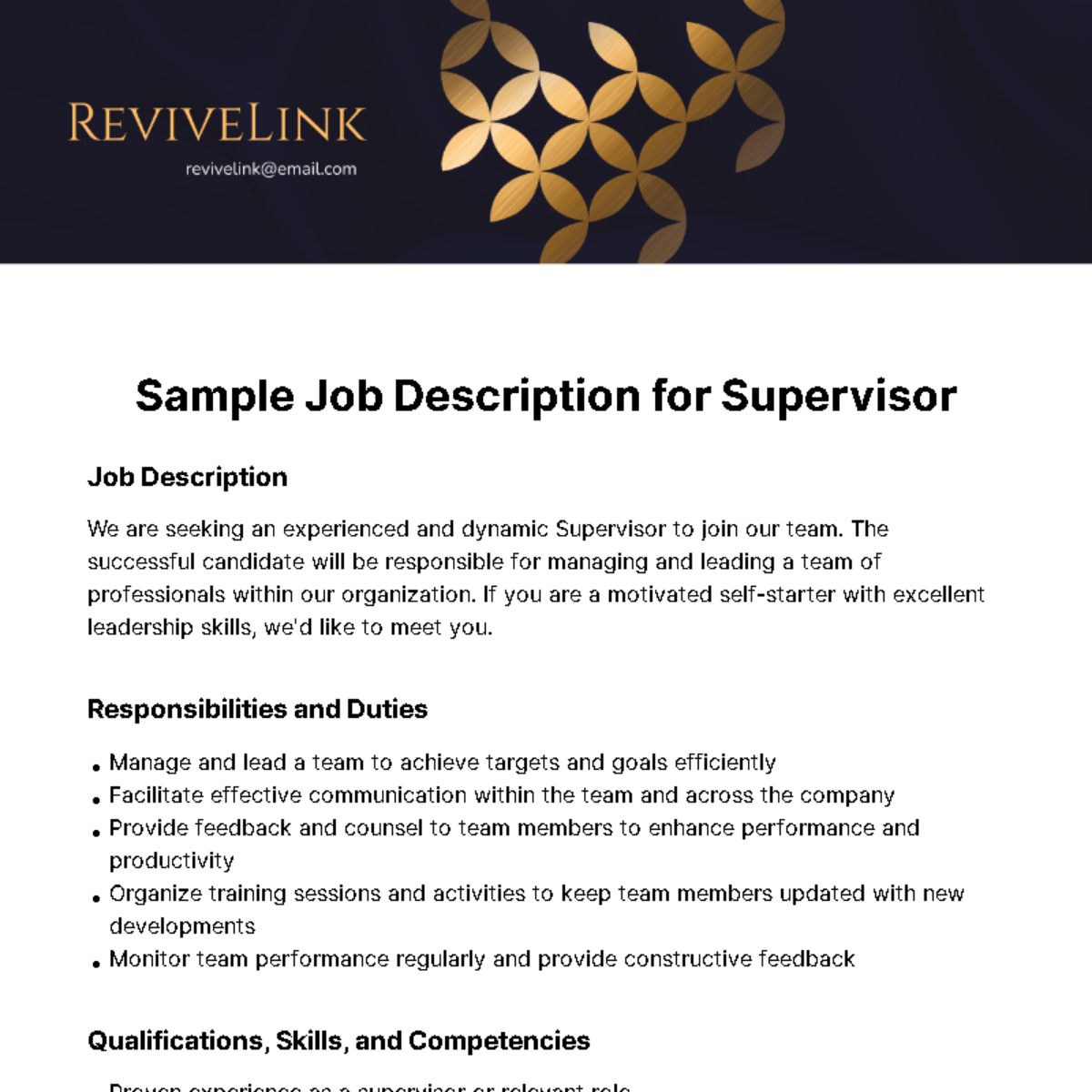 Sample Job Description for Supervisor Template