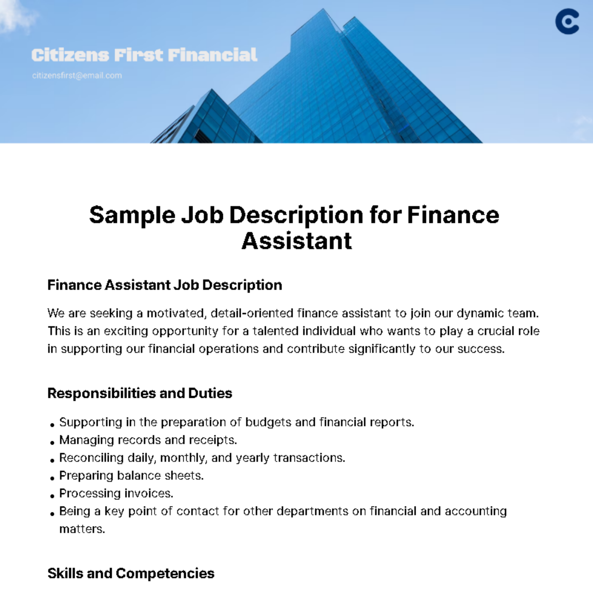 Sample Job Description for Finance Assistant Template