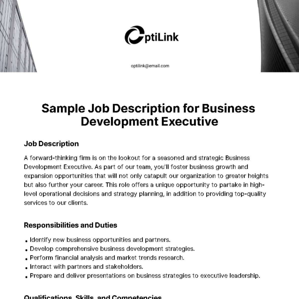 Sample Job Description for Business Development Executive Template