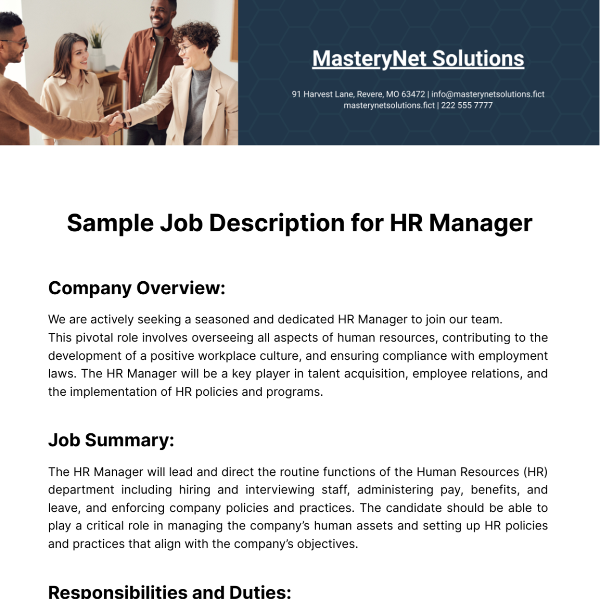 Sample Job Description for HR Manager Template