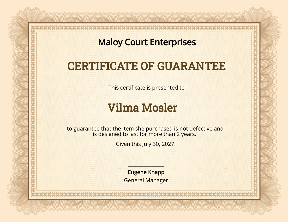 Free Guarantee Certificate