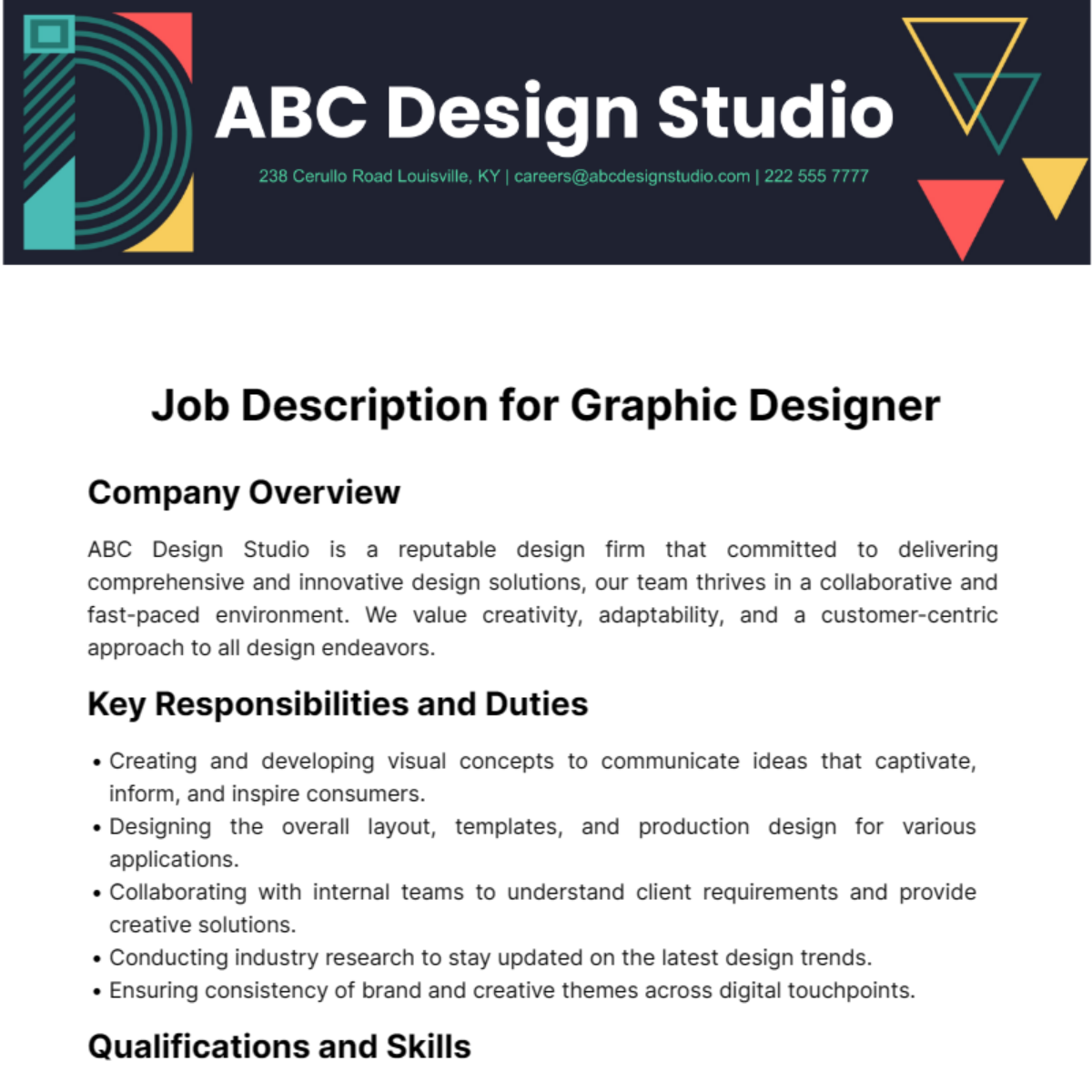 Job Description for Graphic Designer Template
