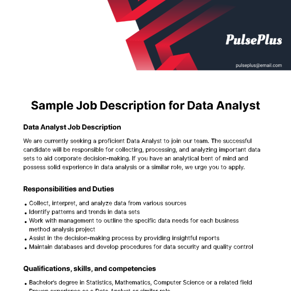 Sample Job Description for Data Analyst Template