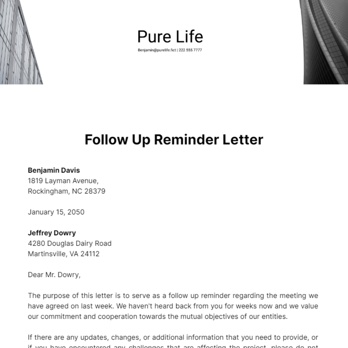 Follow up Reminder Letter Template