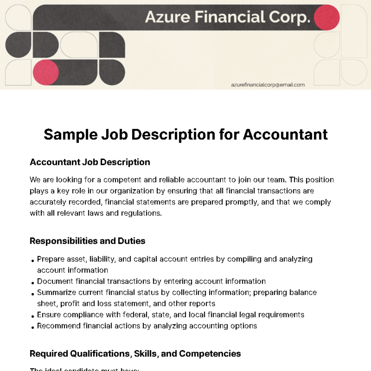 Sample Job Description for Accountant Template