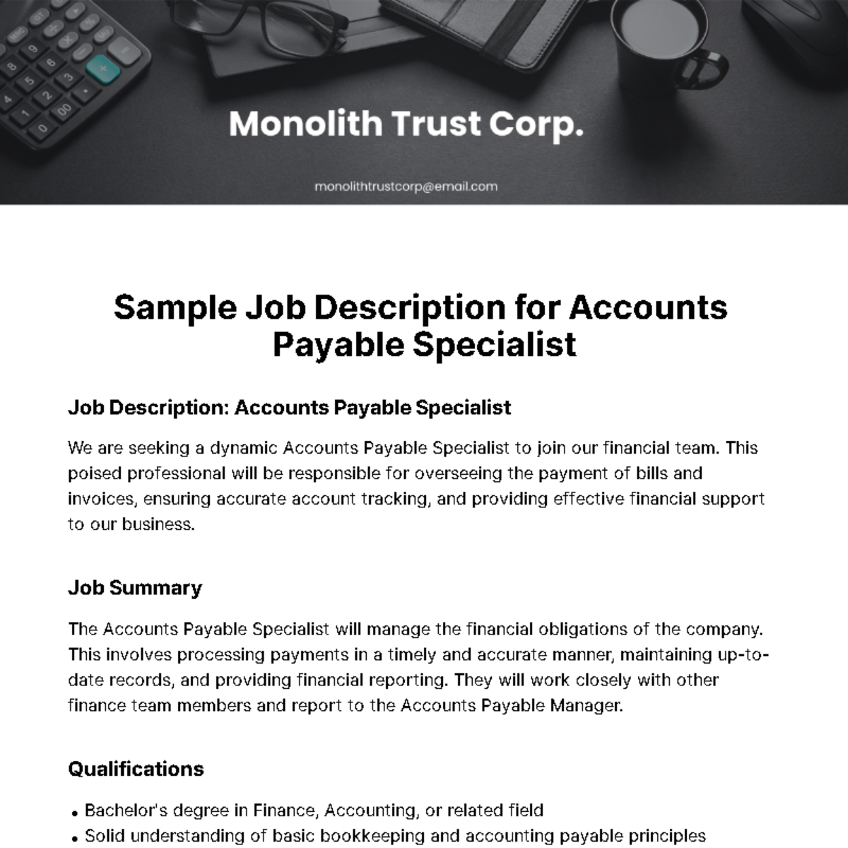 Sample Job Description for Accounts Payable Specialist Template