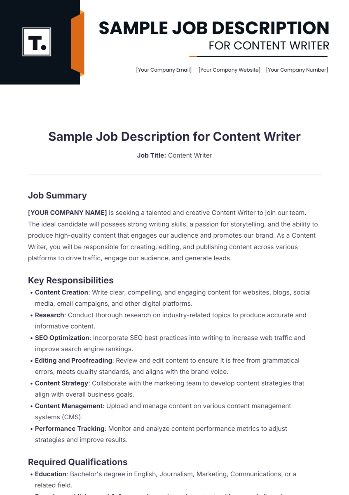 Sample Job Description for Content Writer Template - Edit Online & Download