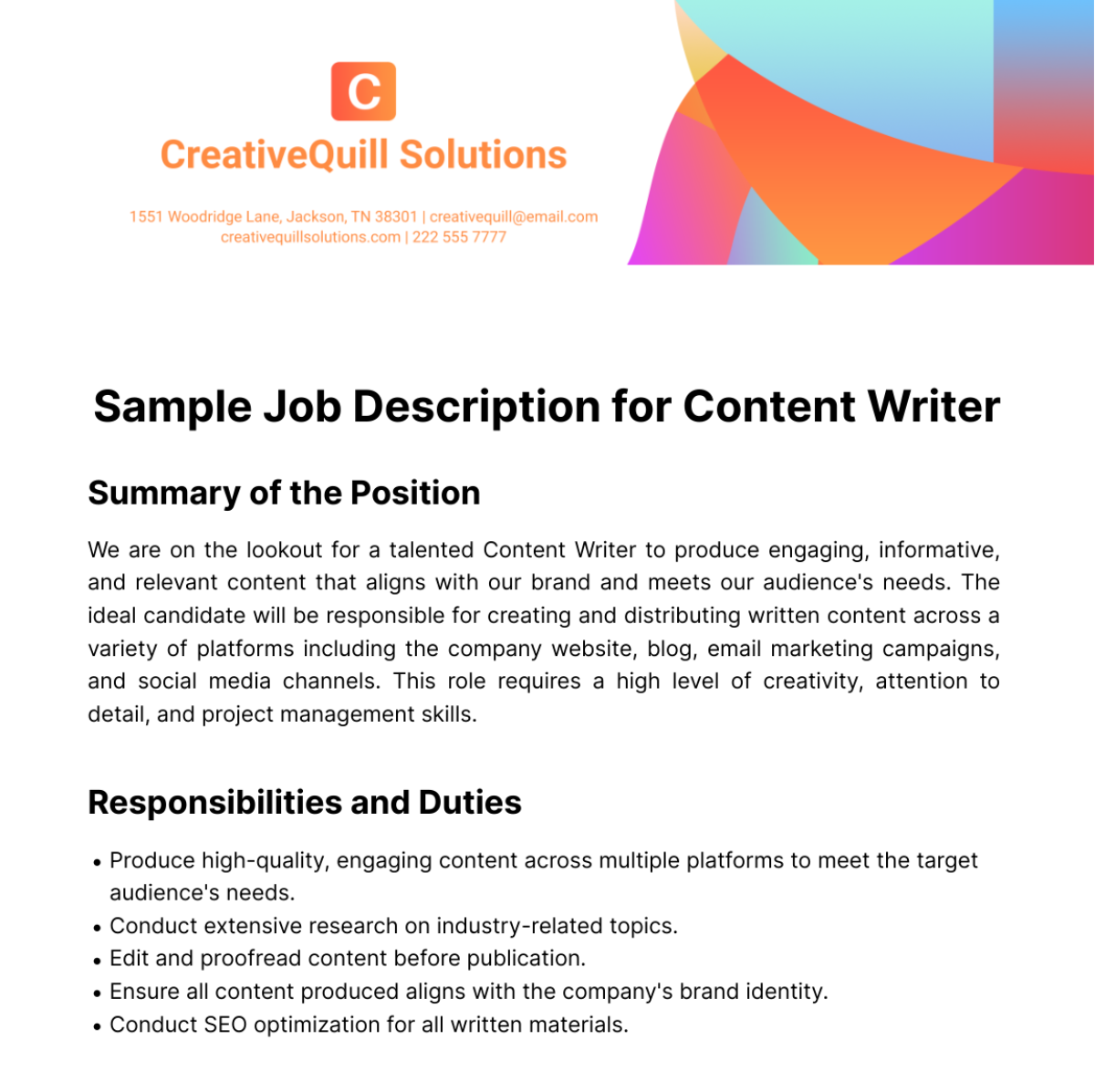 Sample Job Description for Content Writer Template