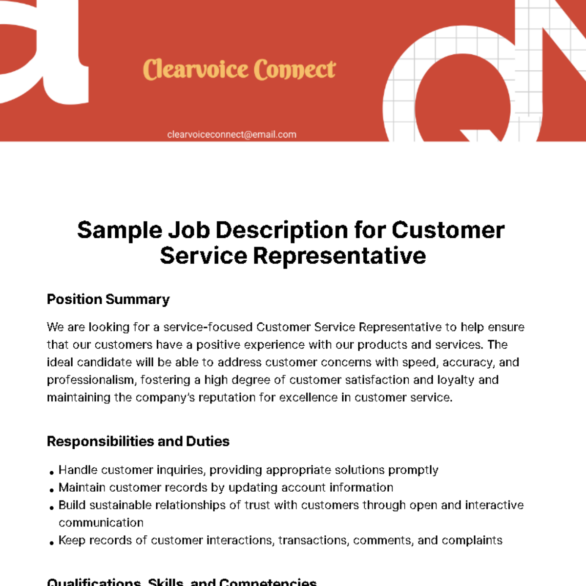 Sample Job Description for Customer Service Representative Template