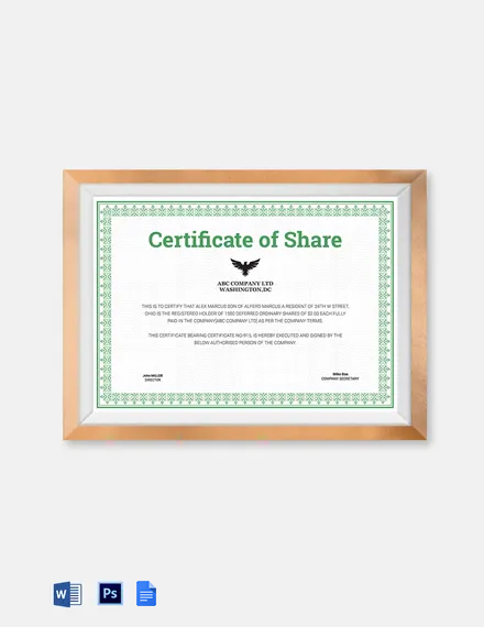 Printable Share Certificate Template - Google Docs, Word, PSD
