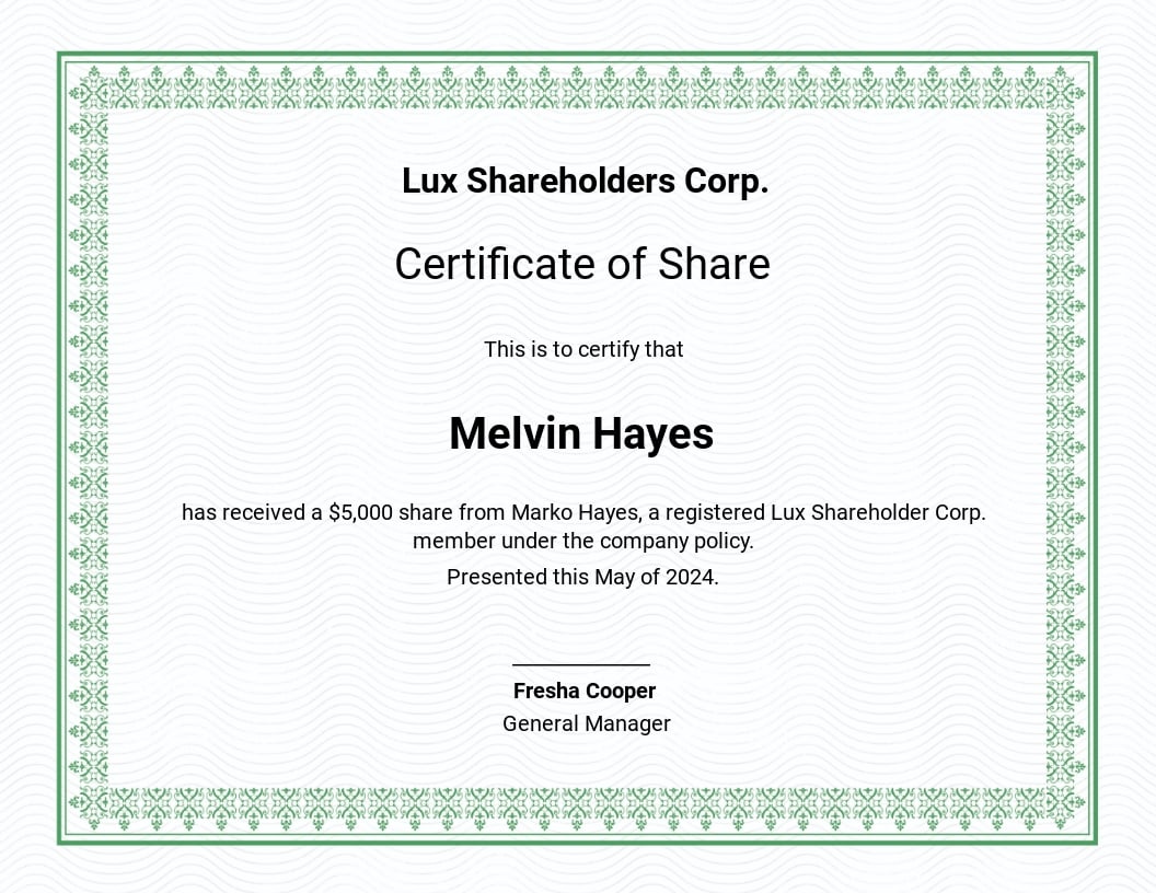 Printable Share Certificate Template in Google Docs, Word, PSD Throughout Hayes Certificate Templates