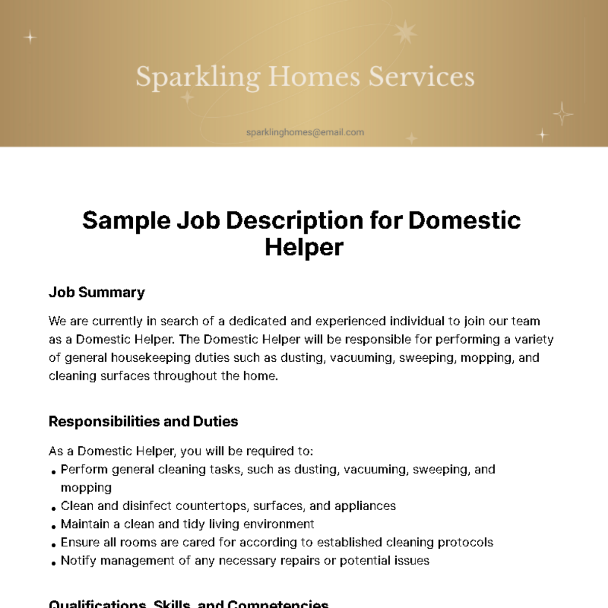 Sample Job Description for Domestic Helper Template