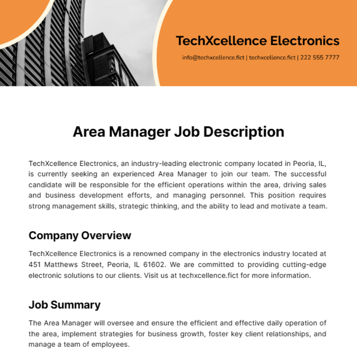 Area Manager Job Description Template