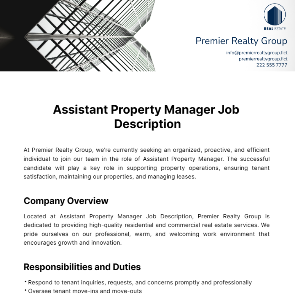 Assistant Property Manager Job Description Template