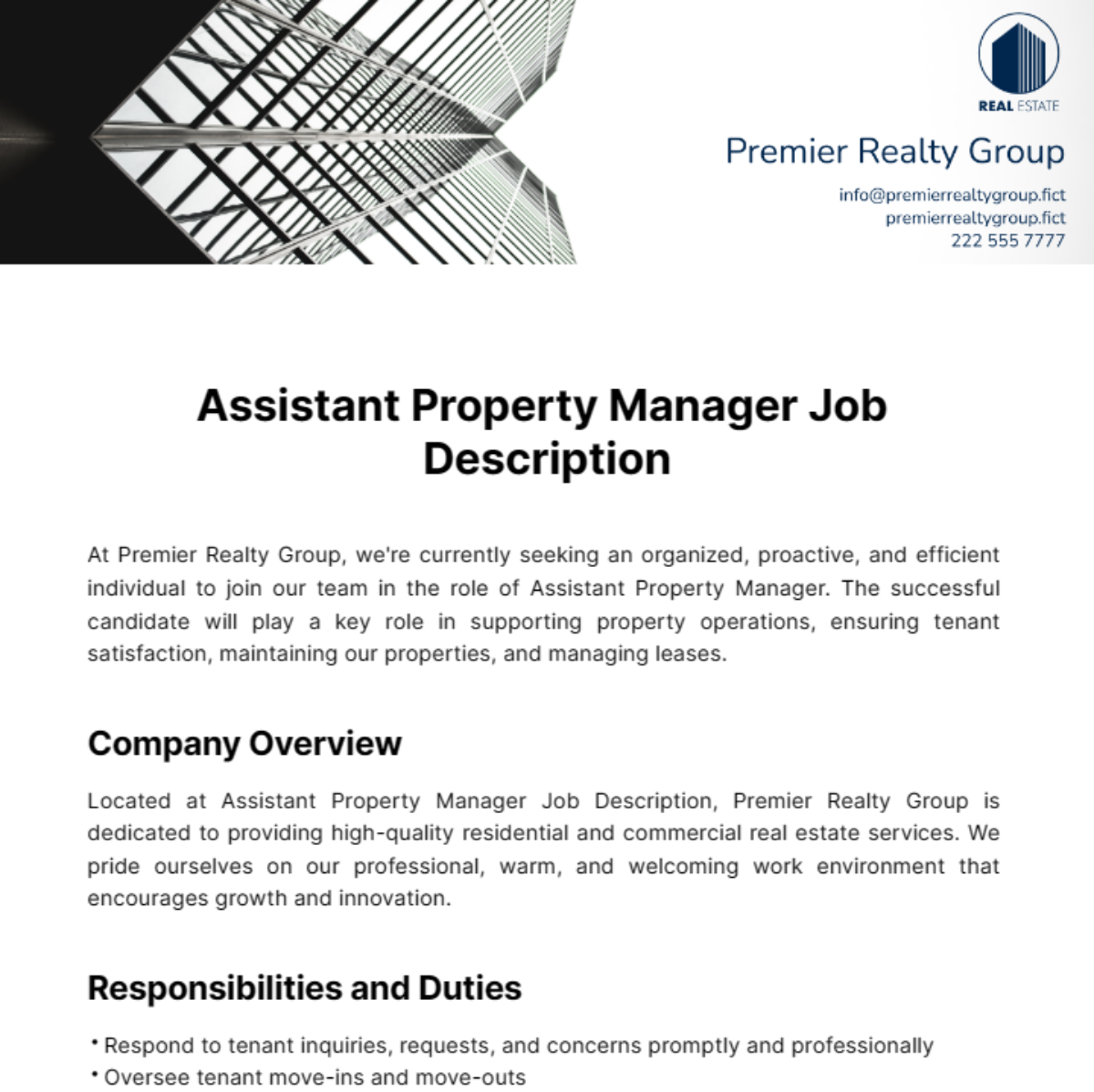 Assistant Property Manager Job Description Template Edit Online 