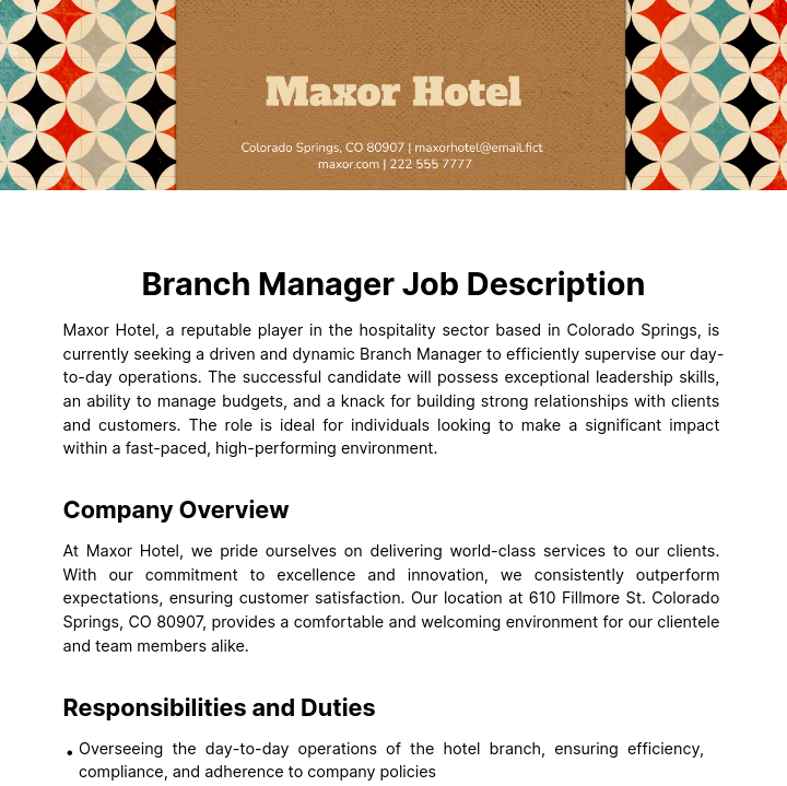 Branch Manager Job Description Template