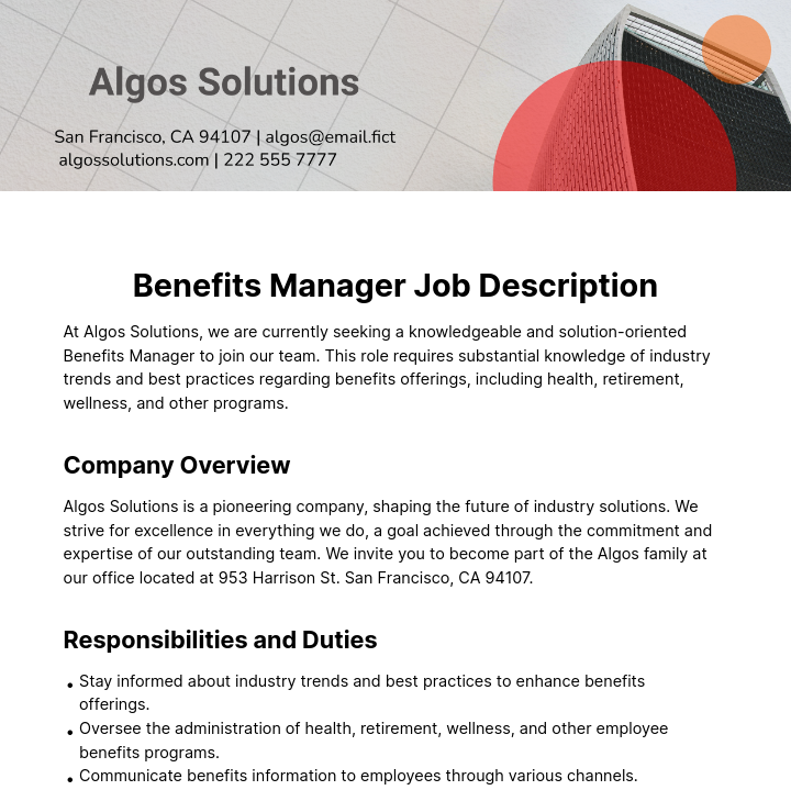 Benefits Manager Job Description Template