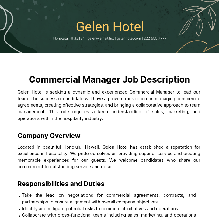 Commercial Manager Job Description Template