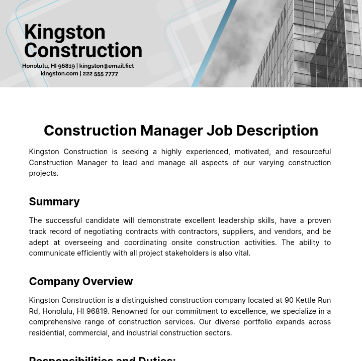 Construction Manager Job Description Template