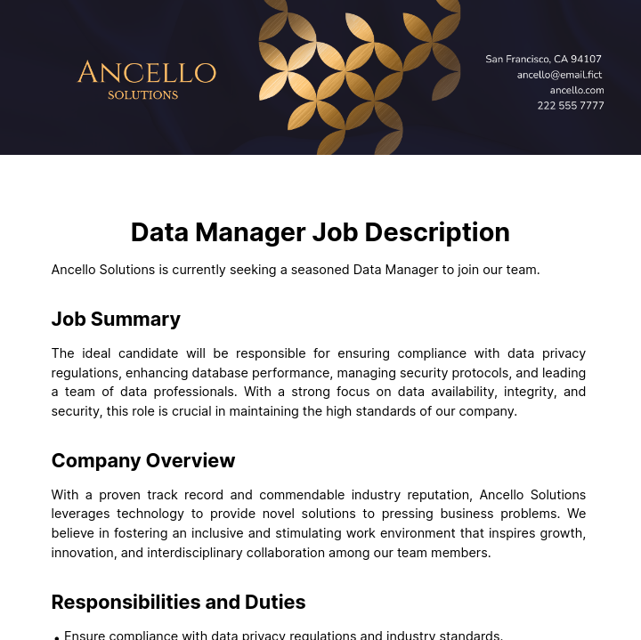 Data Manager Job Description Template