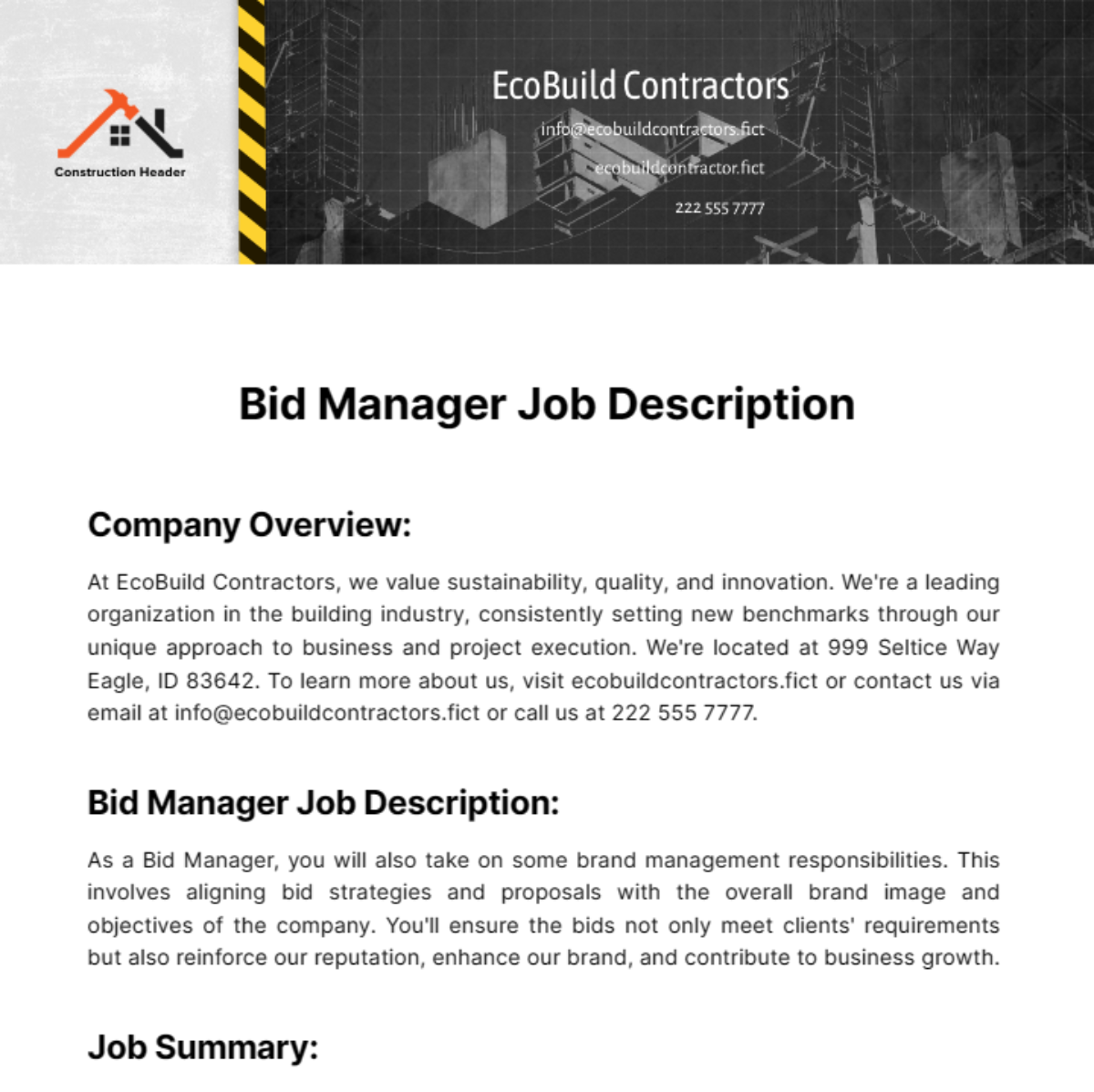 Bid Manager Job Description Template