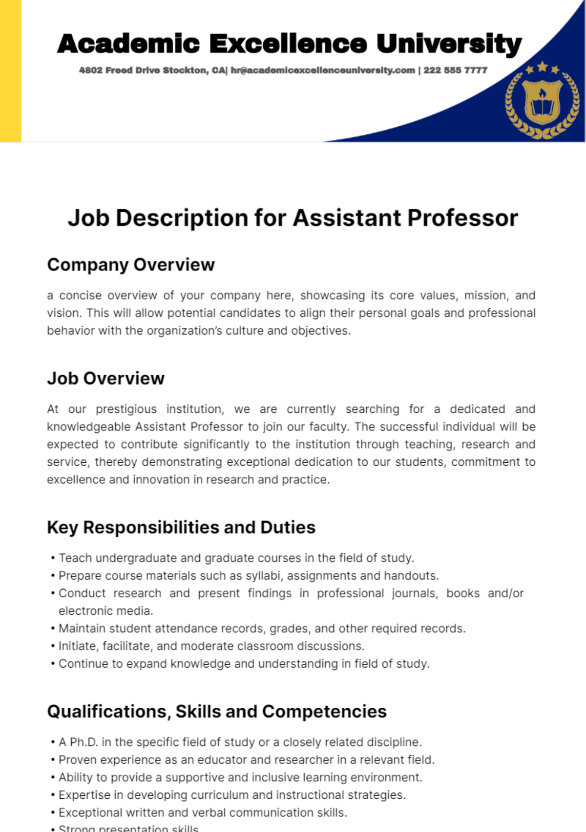 Job Description for Assistant Professor Template