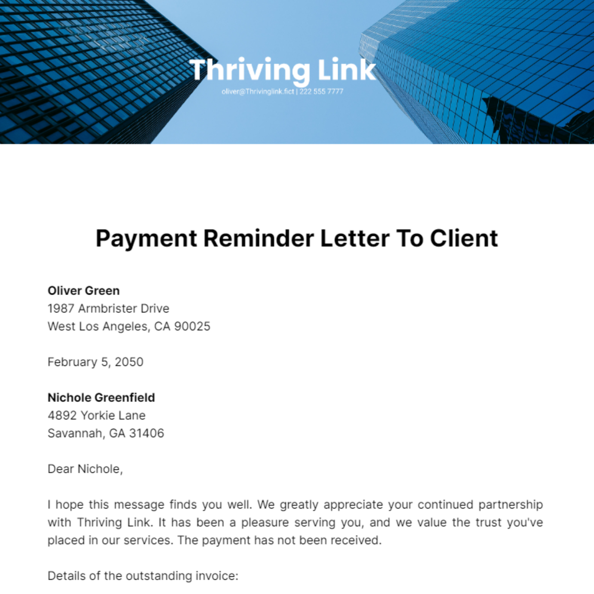 Free Payment Reminder Letter to Client Template